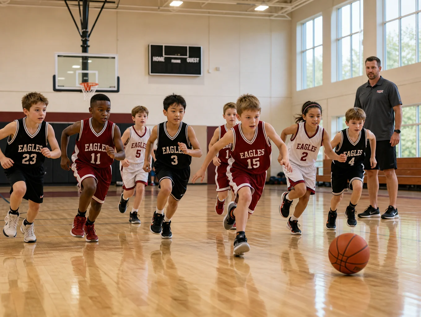 Young basketball players practicing defensive drills in Jacksonville